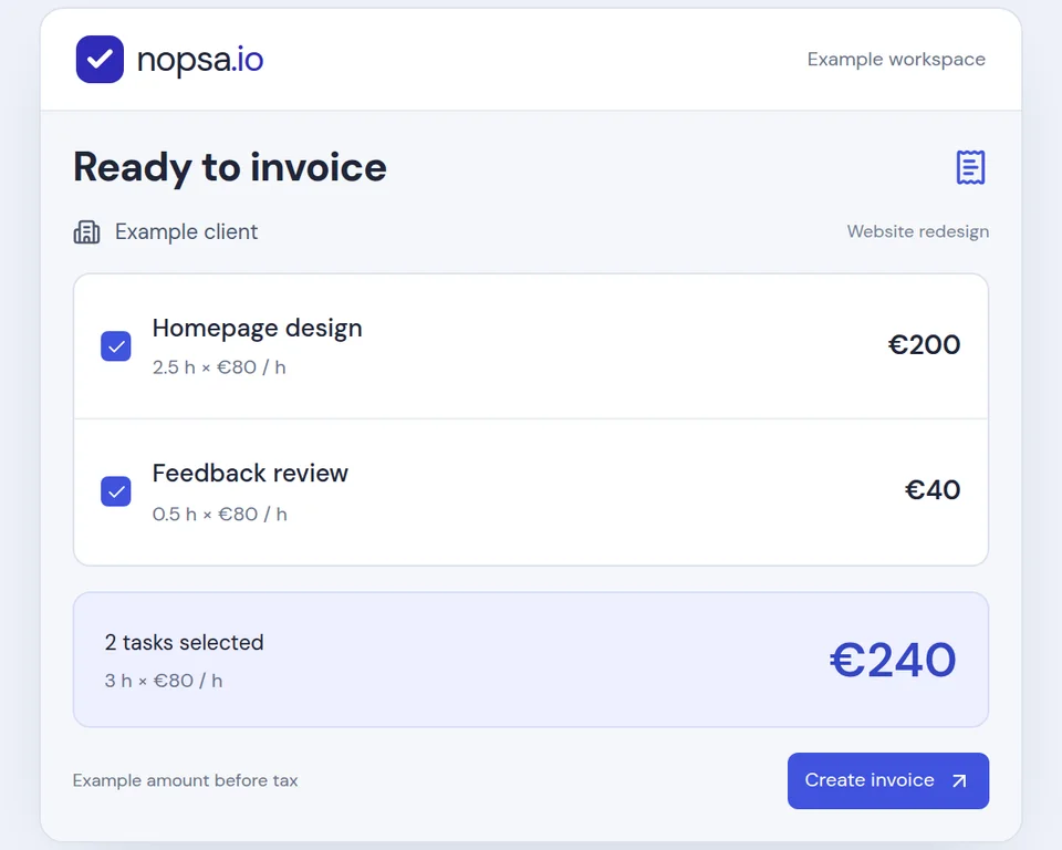 Two tasks selected for invoicing: 3 logged hours at €80 per hour, totalling €240 before tax.