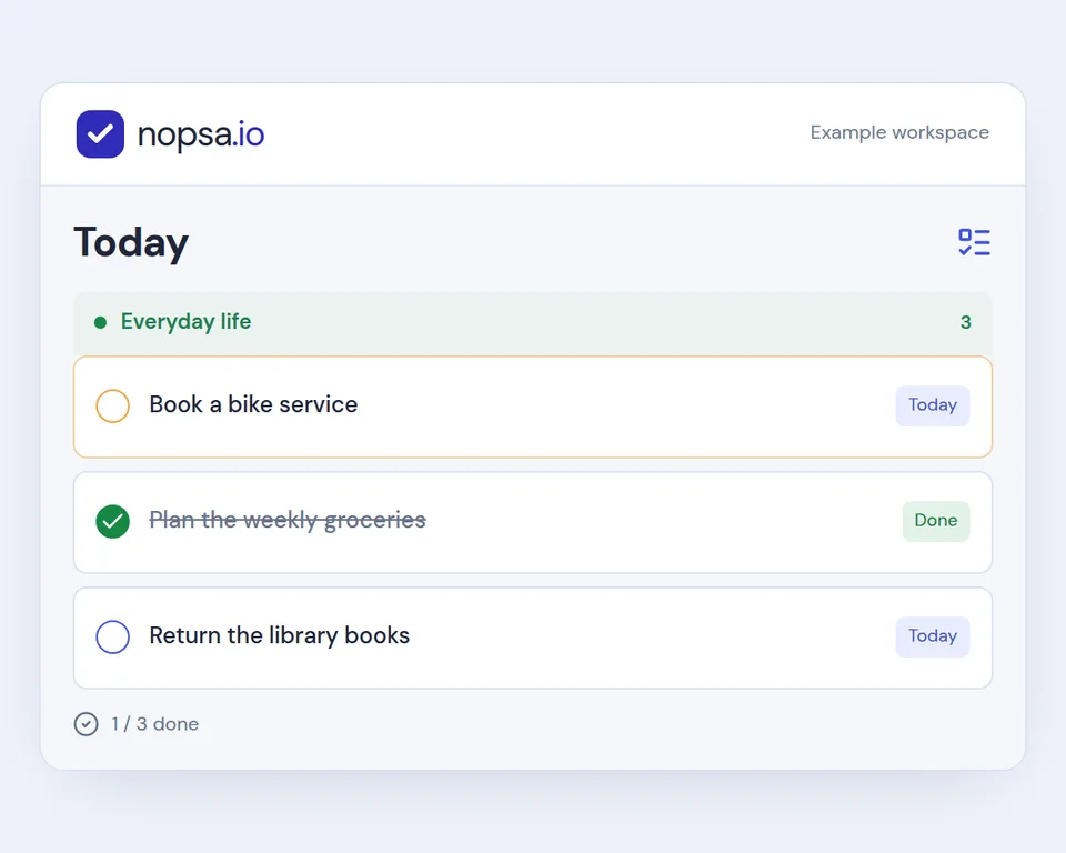 Nopsa’s Today view: a bike service, groceries and library books. One of three tasks is complete.