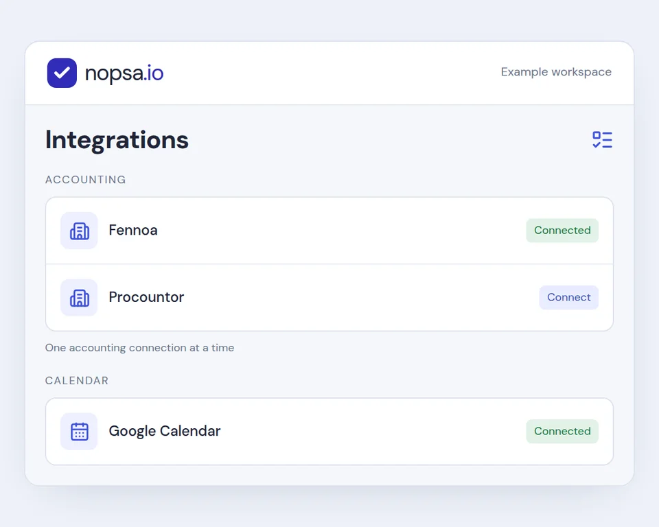 Nopsa integration settings: Fennoa, Procountor and Google Calendar. One accounting connection can be active at a time.