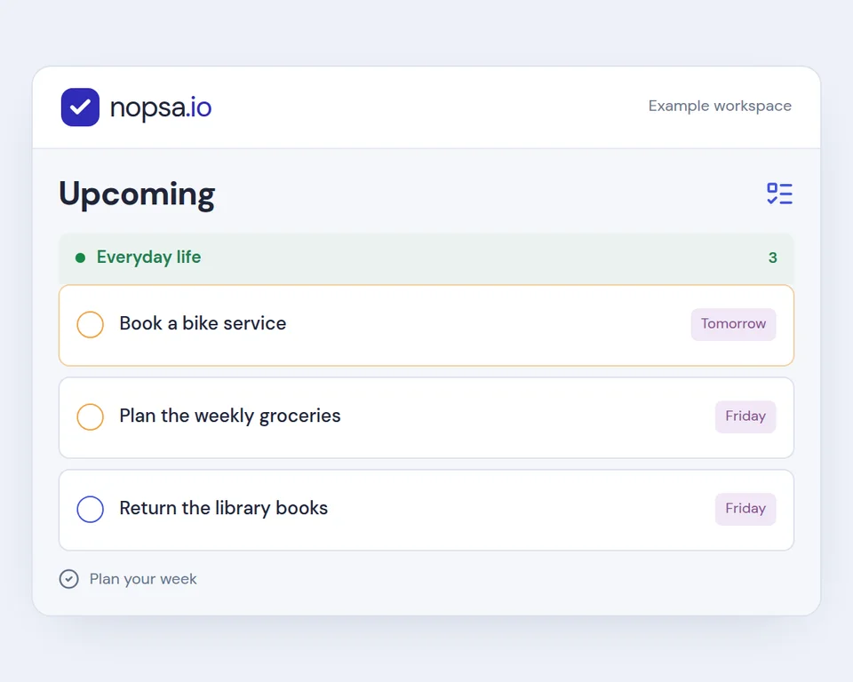 Nopsa’s Upcoming view brings everyday tasks and their upcoming due dates together.