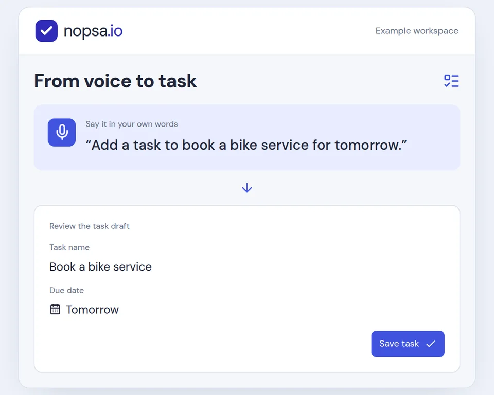 A spoken request becomes a task draft: Book a bike service, due tomorrow. The user reviews and saves the task.