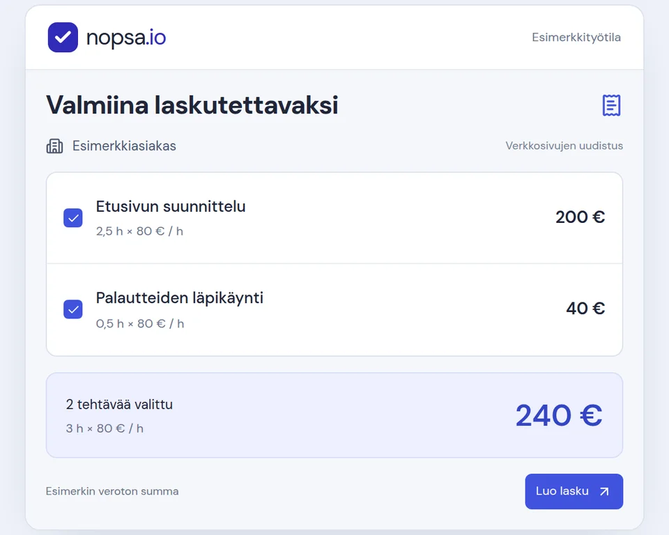 Kaksi valittua tehtävää laskutukseen: 3 kirjattua tuntia hintaan 80 euroa tunnilta, yhteensä 240 euroa ennen veroja.