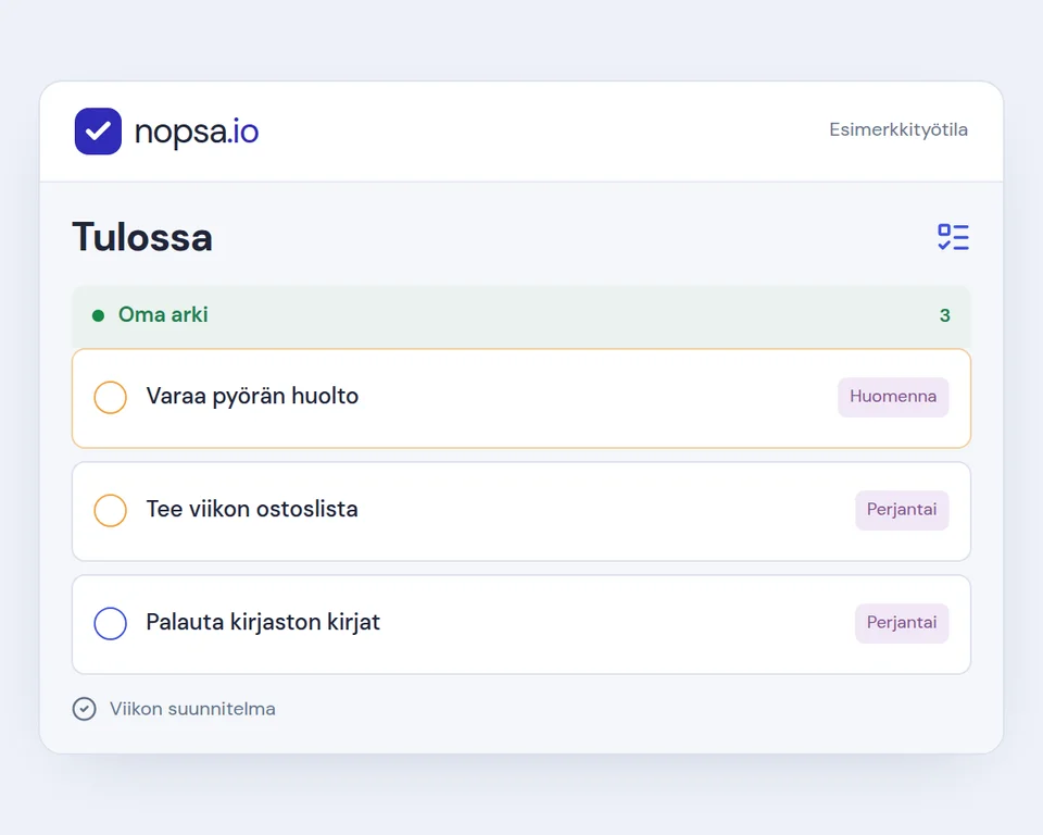 Nopsan Tulossa-näkymä kokoaa arjen tehtävät ja niiden tulevat eräpäivät yhteen.